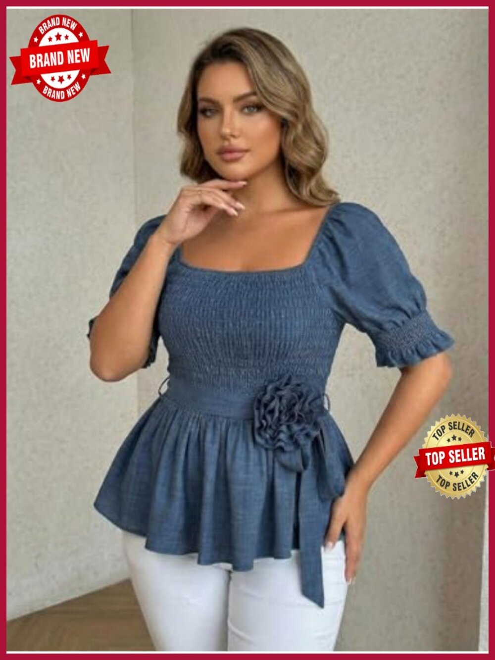 Plus Size Puff Sleeve Peplum Blouse 3D Floral Belt Scoop Neck Dressy Casual Top - Picture 3 of 4